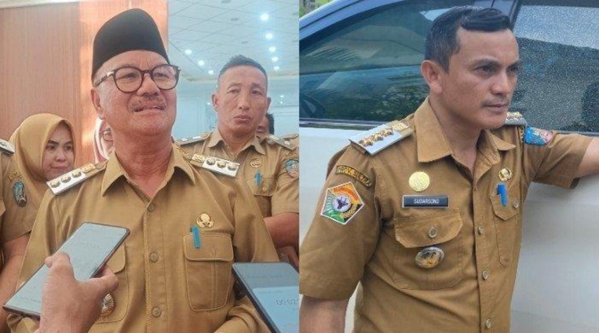 Bupati Konawe Selatan, Surunuddin Dangga (kiri) dan Camat Baito, Sudarsono Mangidi. Sudarsono dicopot dari jabatannya buntut kasus guru Supriyani