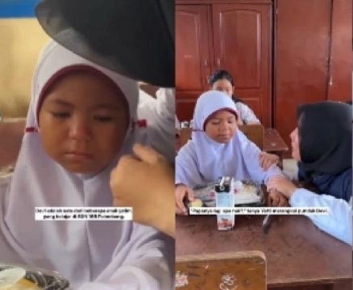 Tangkapan layar video viral bocah SD tak menyantap makan siang gratis demi sang ibu. [Instagram @undercover.id]