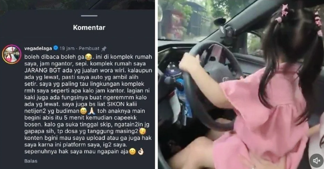 Dalam video di akun Instagram @vegadelaga yang diunggah ulang akun X Innova Community, terlihat sang anak yang dipangku mengendalikan setir mobil. (Foto: Instgaram Vega Delaga/X Innova Community)