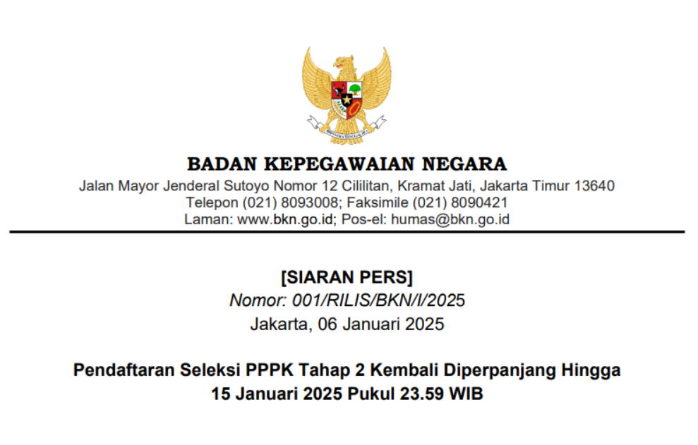 Pendaftaran Seleksi PPPK Tahap 2 Kembali Diperpanjang Hingga 15 Januari 2025 Pukul 23.59 WIB.