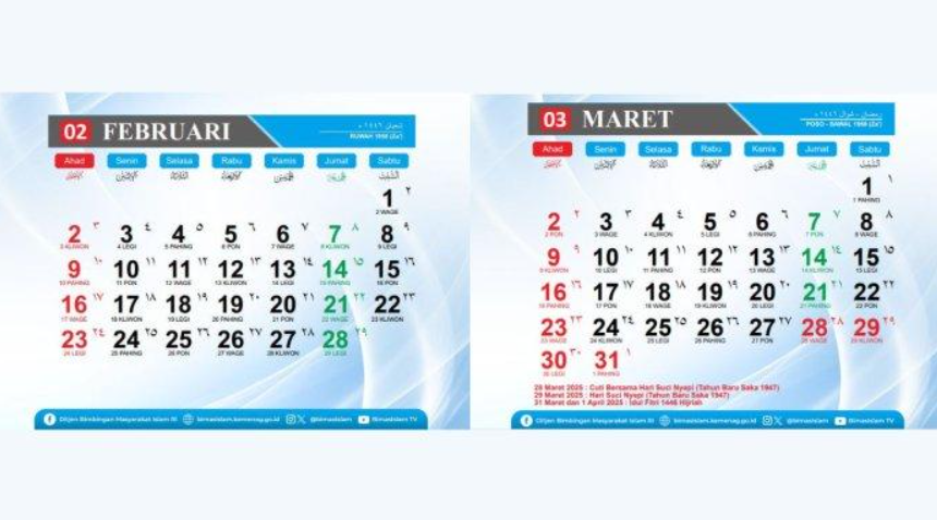 Tangkapan layar kalender 2025 dari situs Kemenag, Senin (24/02/2025). Berdasarkan kalender Hijriyah, dapat diperkirakan berapa hari lagi menuju Ramadhan 2025. Berikut informasinya.