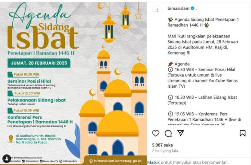 Kemenag RI memberikan akses kepada masyarakat untuk turut menyaksikan sidang isbat menentukan 1 Ramadhan melalui link live streaming.(tangkapan layar instagram @bimasislam)