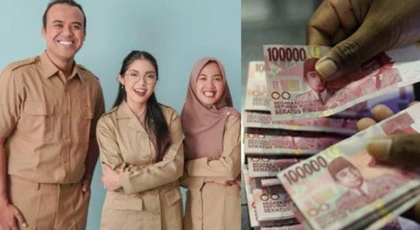 THR 2025 &ndash; Ilustrasi uang Rp100 ribu (kanan) dan PNS berseragam cokelat (kiri) menggambarkan nominal THR pensiunan PNS 2025 golongan I-IV jelang Idulfitri, dibuat dengan Canva.