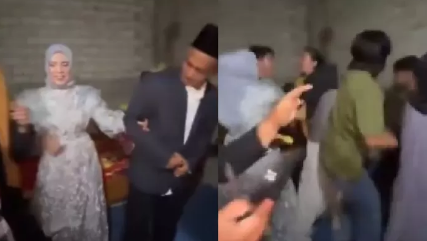 Tangkapan layar pasangan pengantin di Parigi Moutong, Sulawesi Tengah (Sulteng) hingga terjadi insiden pengeroyokan. (X @bacottetangga__)