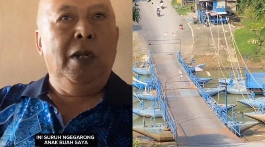 Kolase foto Haji Endang (kiri) dan jembatan perahu miliknya (kanan). Pantas Jembatan Beromzet Rp 20 Juta Milik Haji Endang Terancam Dibongkar, BBWS Singgung Kontruksi.