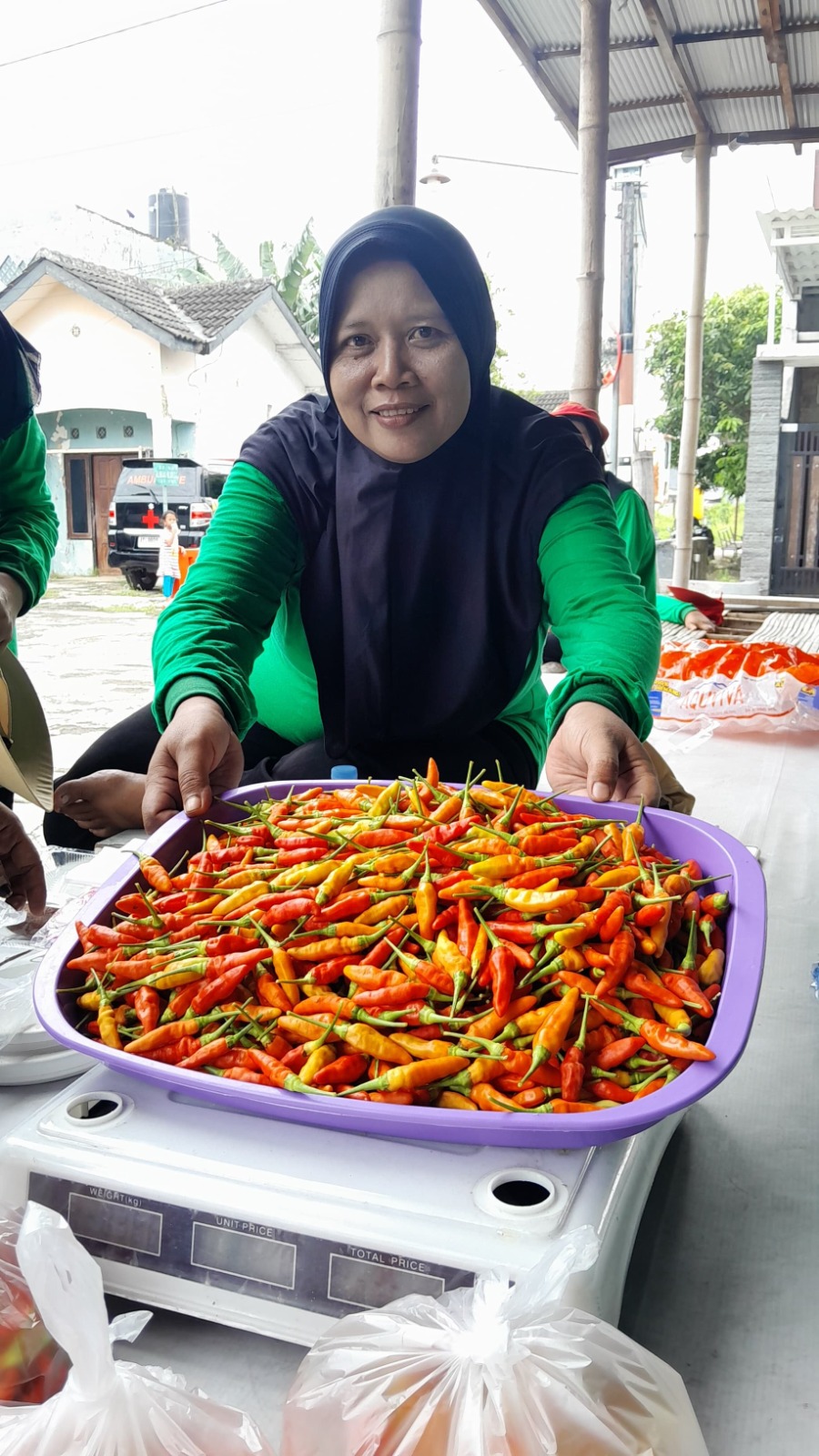 SEGAR: Uun Fery, anggota kelompok urban farming Taman Laku di Perumahan Pondok Halim 2 Desa Burneh, Bangkalan, menunjukkan hasil panen cabainya, Minggu (18/5). (M. KHOLIL RAMLI/JPRM)