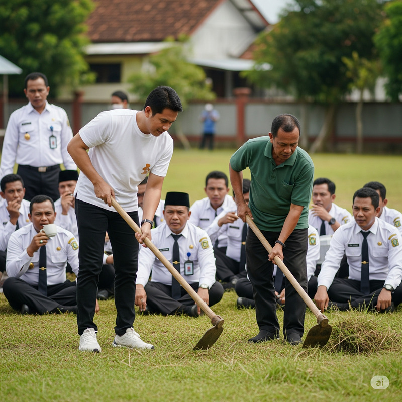Ilustrasi: Seorang pimpinan bekerja sementara anak buah duduk santai melihat sambil minum kopi