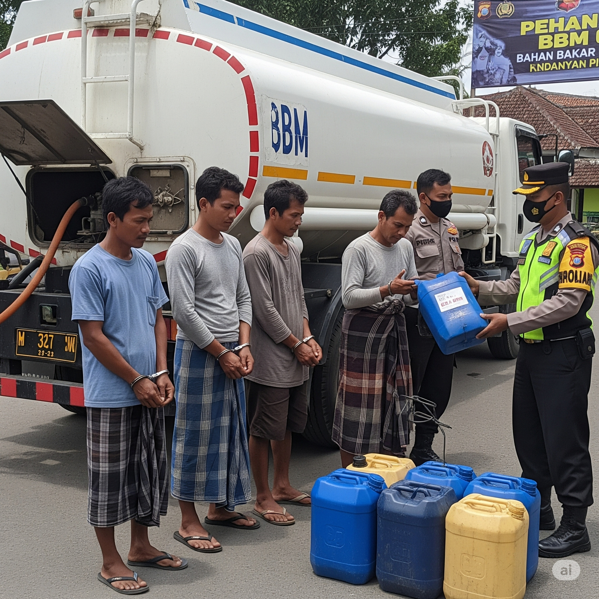 Ilustrasi : 4 tersangka sedang diintrogasi polisi karena kedapatan menimbun BBM jenis solar yang hendak dijual ke perusahaan