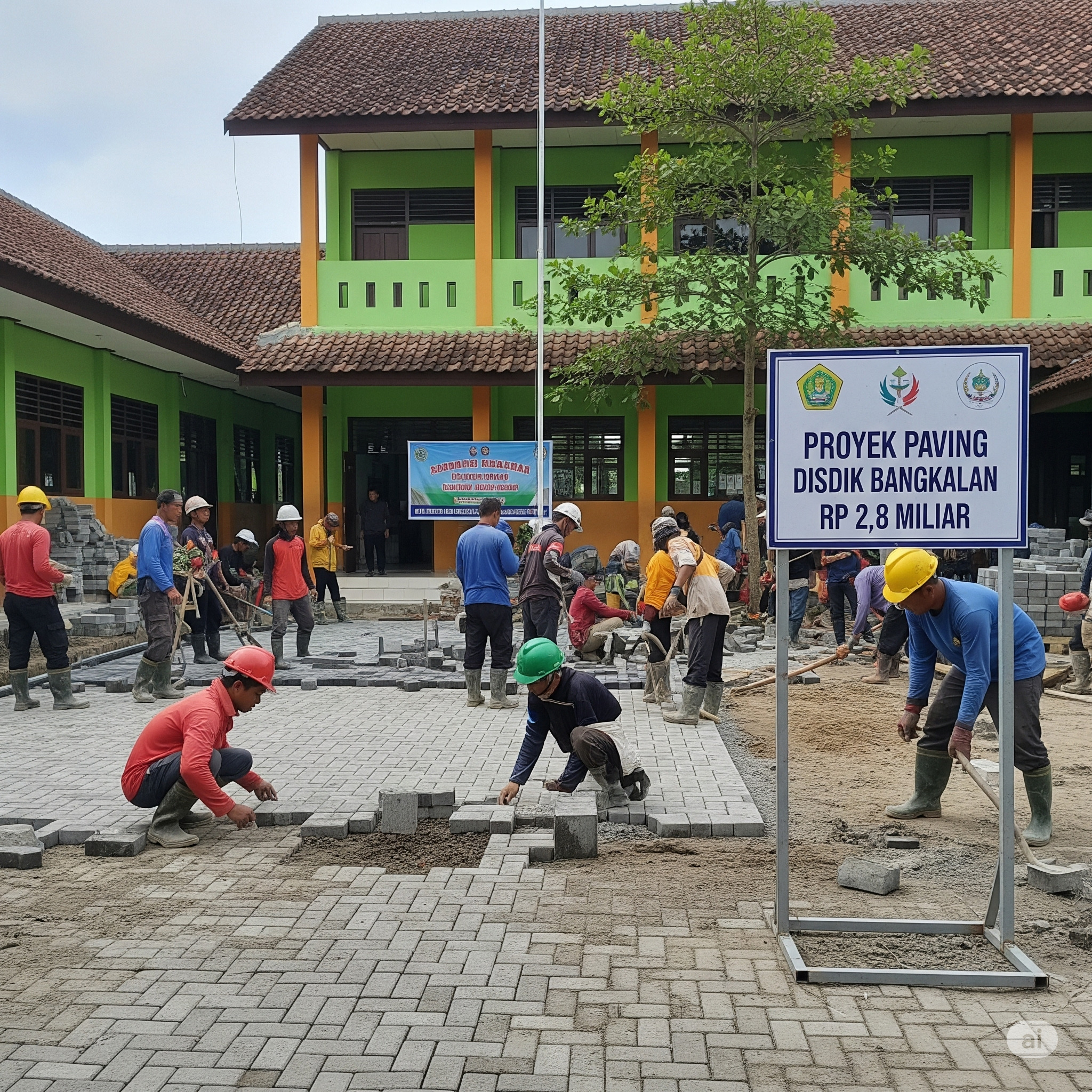 Ilustrasi : Pekerjaan proyek paving yang digelontorkan Disdik Bangkalan  senilai Rp 2,8 miliar dipecah menjadi beberapa titik