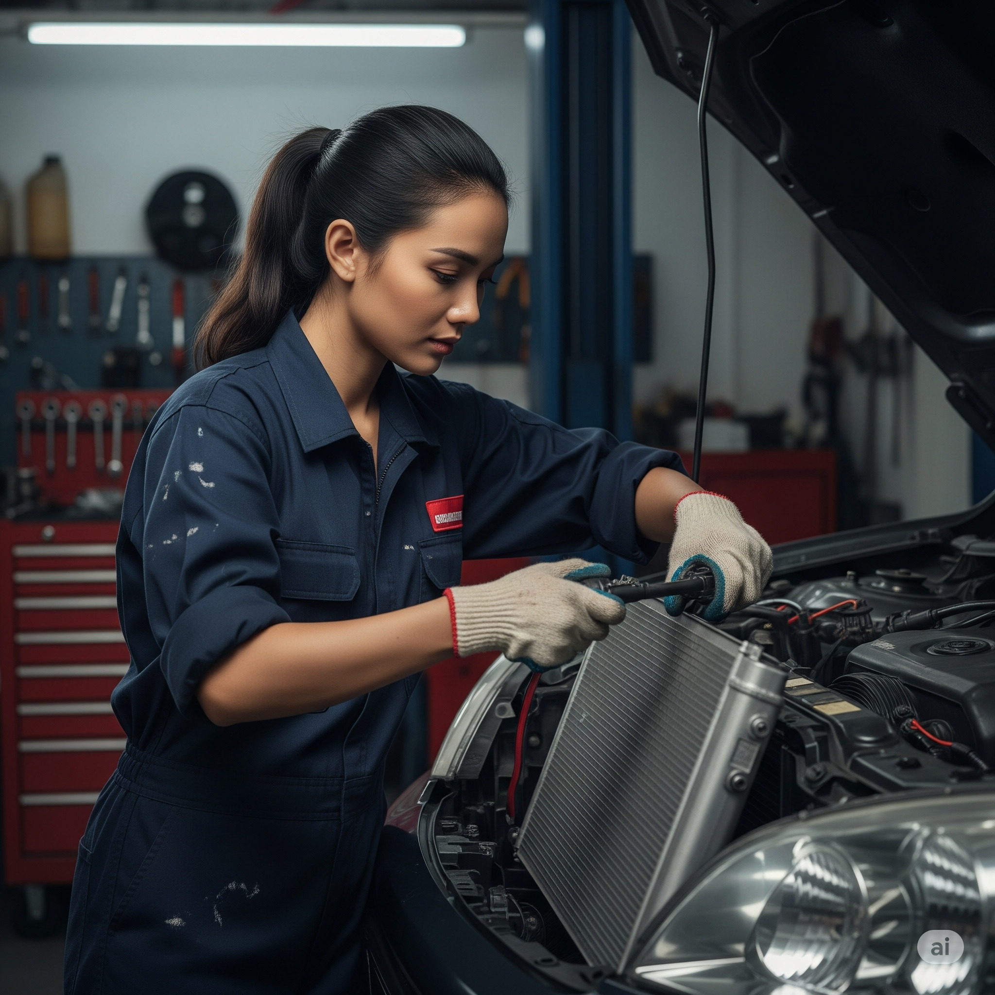 Ilistrasi seorang montir mobil sedang memasang radiator mobil