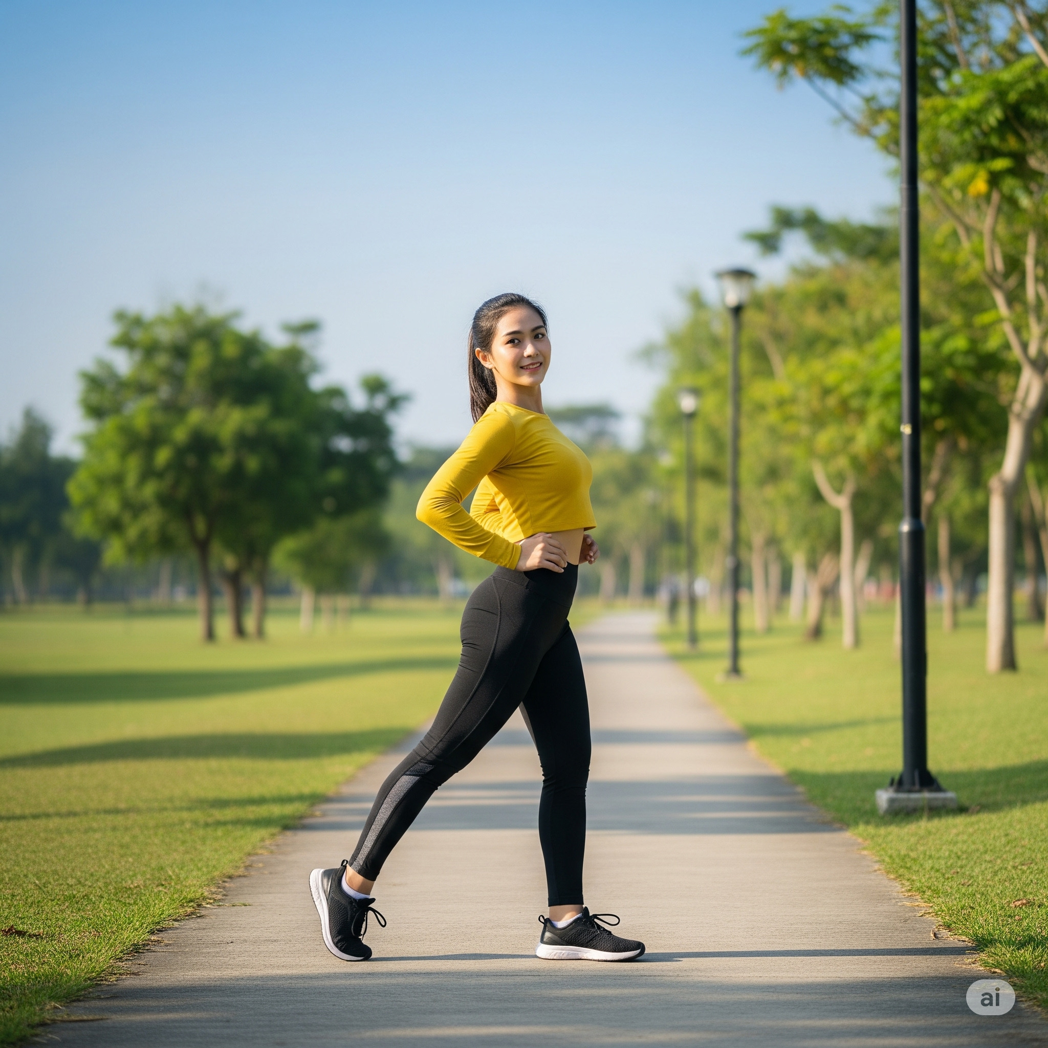 Seorang perempuan sedang berolahraga jalan mundur
