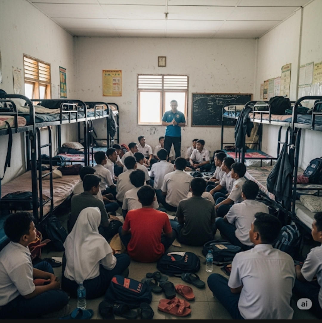 Ilustrasi suasana sekolah rakyat yang dikemas dengan pendidikan di asrama