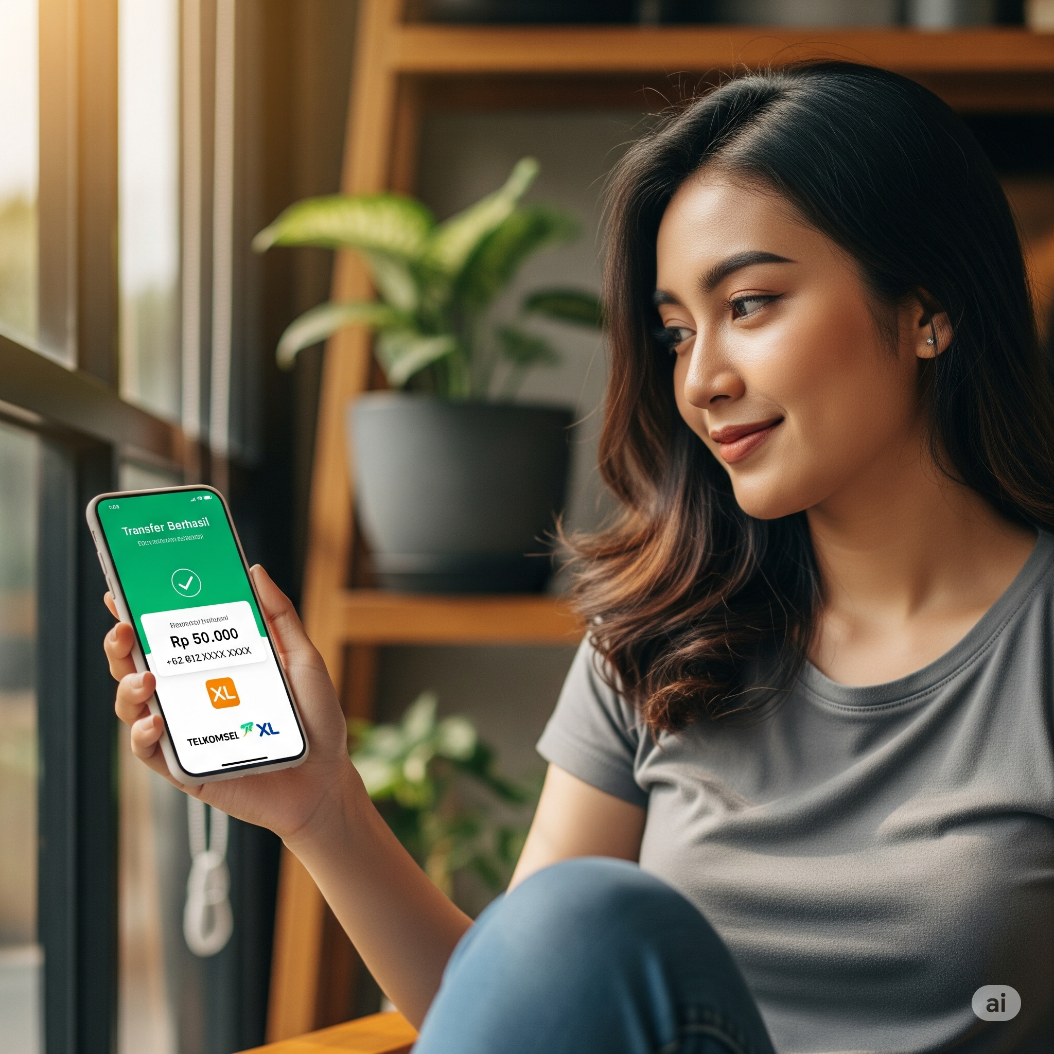 Ilustrasi transfer pulsa berhasil dilakukan antar operator menggunakan smartphone.