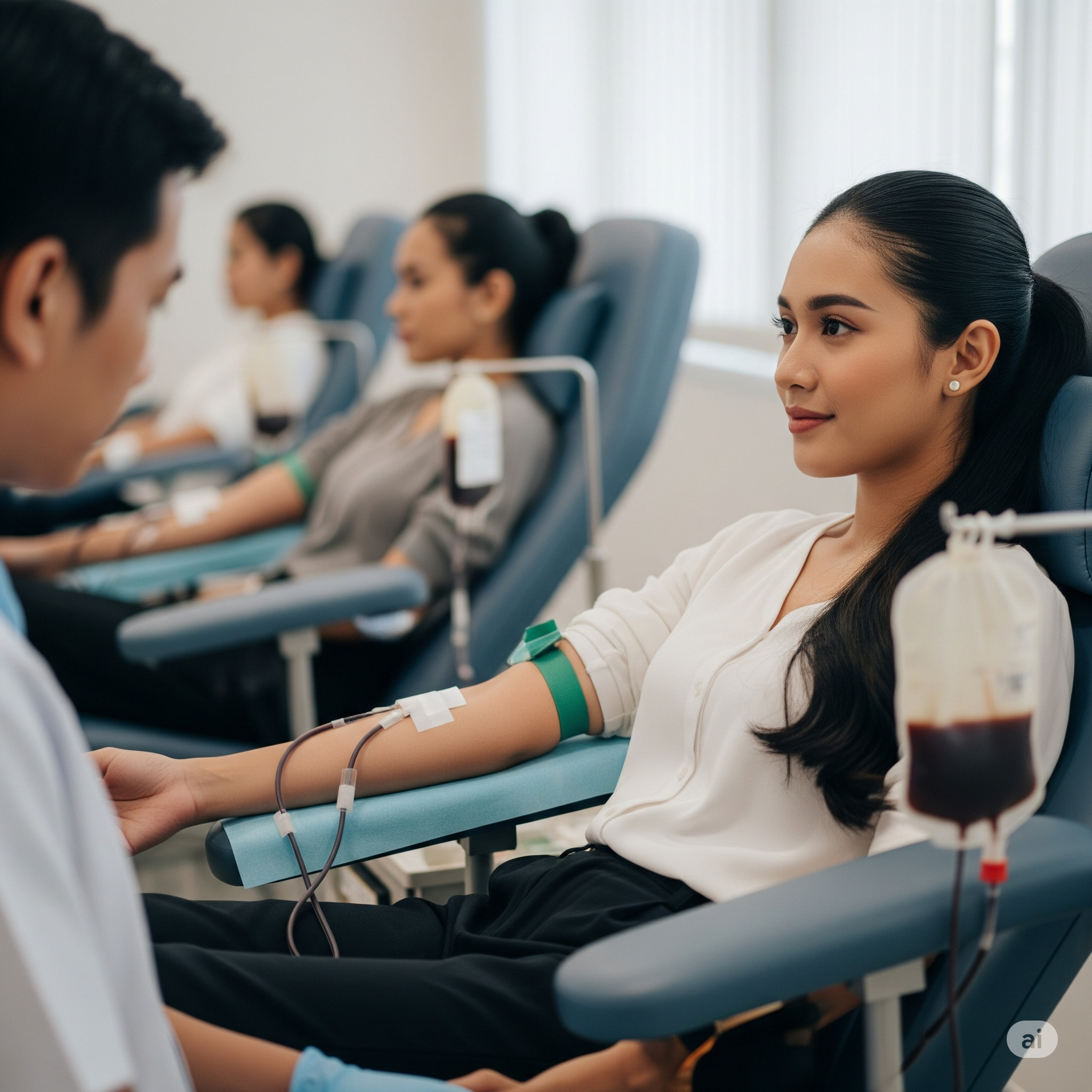 Seorang perempuan sedang mendonorkan darahnya
