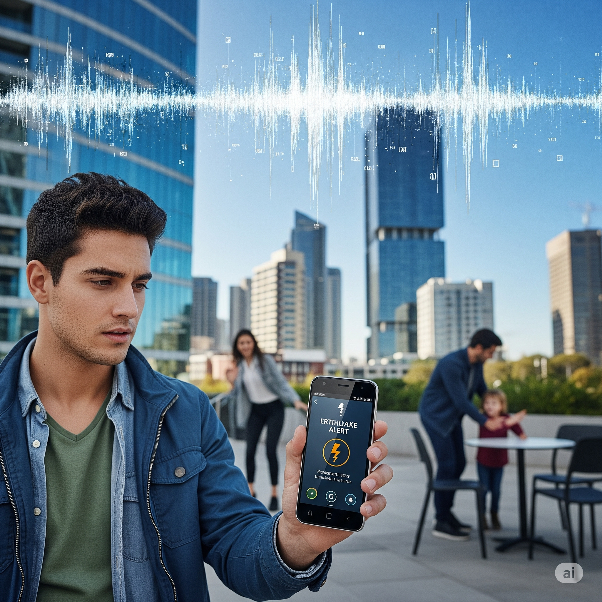 Ilustrasi Seorang pengguna Android menerima notifikasi Earthquake Alert dari sistem Android Earthquake Alerts (AEA) milik Google, di tengah lingkungan perkotaan modern