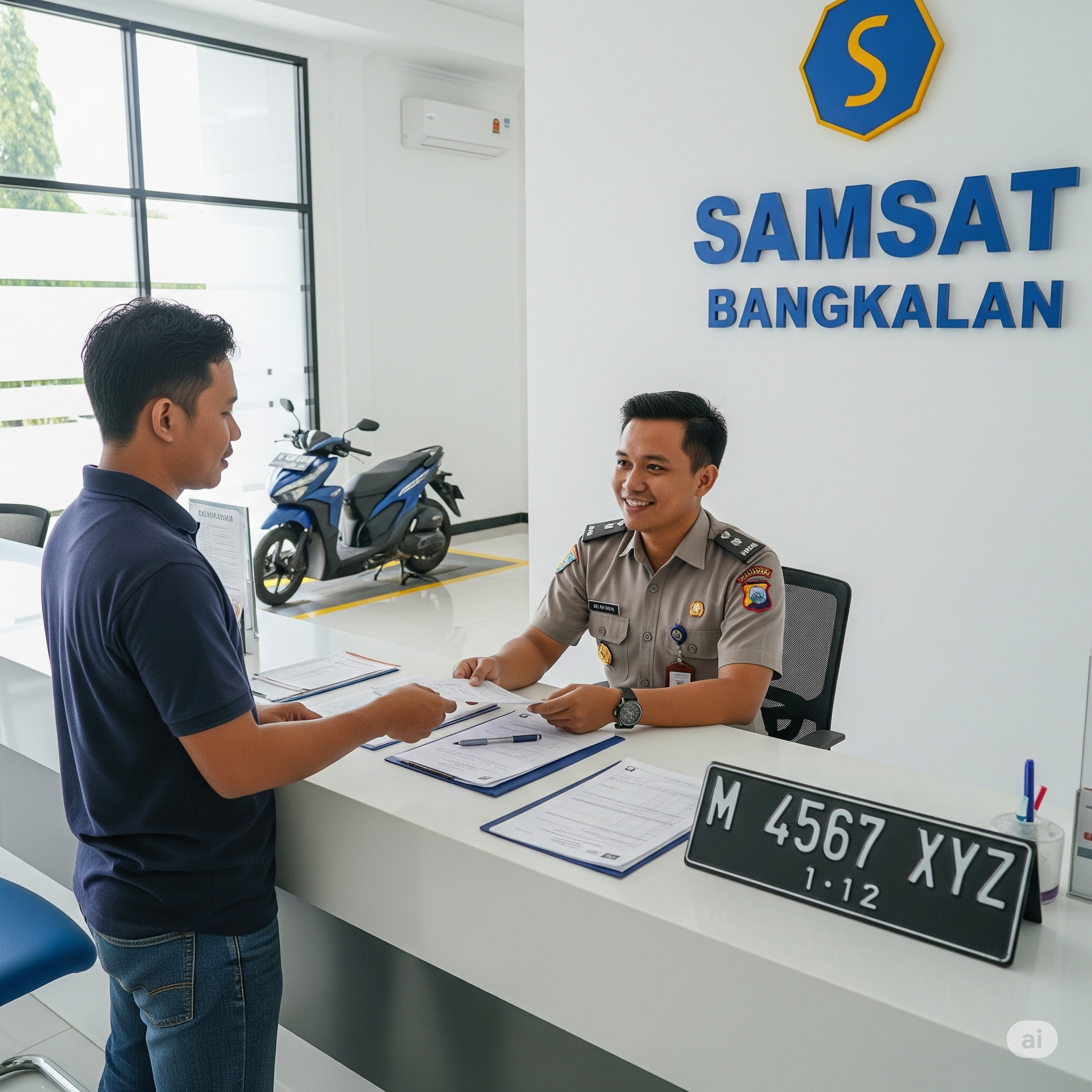 Ilustrasi seseorang sedang mengurus perpanjangan plat nomor di Samsat Bangkalan