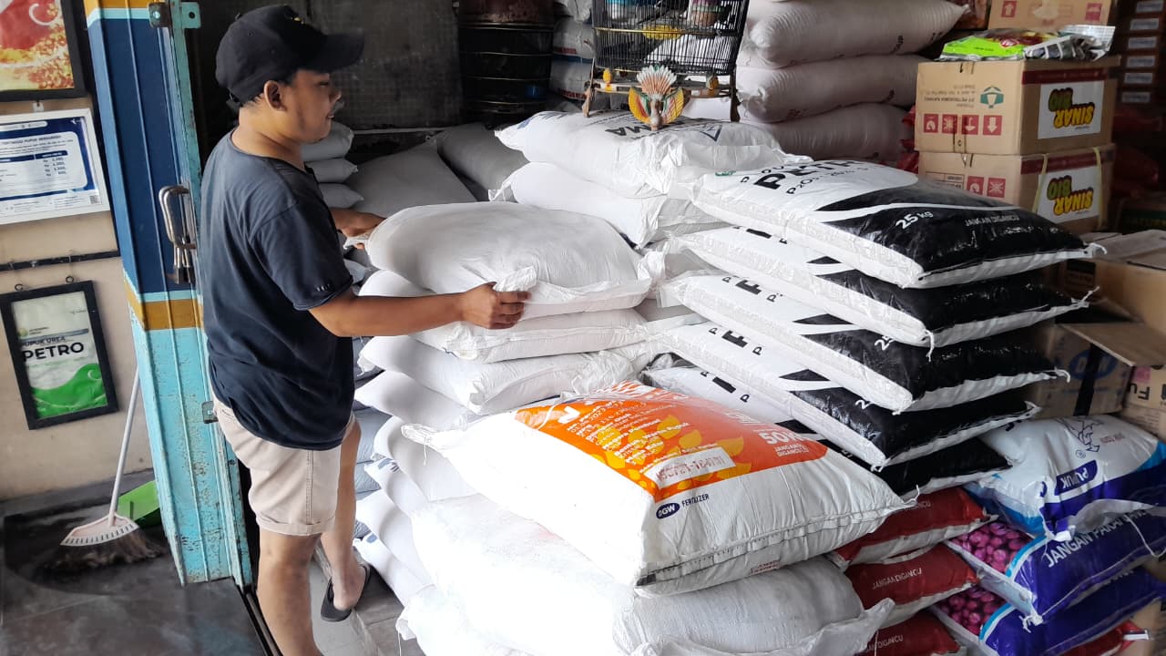 AKTIF: Pegawai PPTS UD Putra Utama sedang merapikan pupuk di tokonya, Jalan Halim Perdanakusuma, Bangkalan, kemarin.