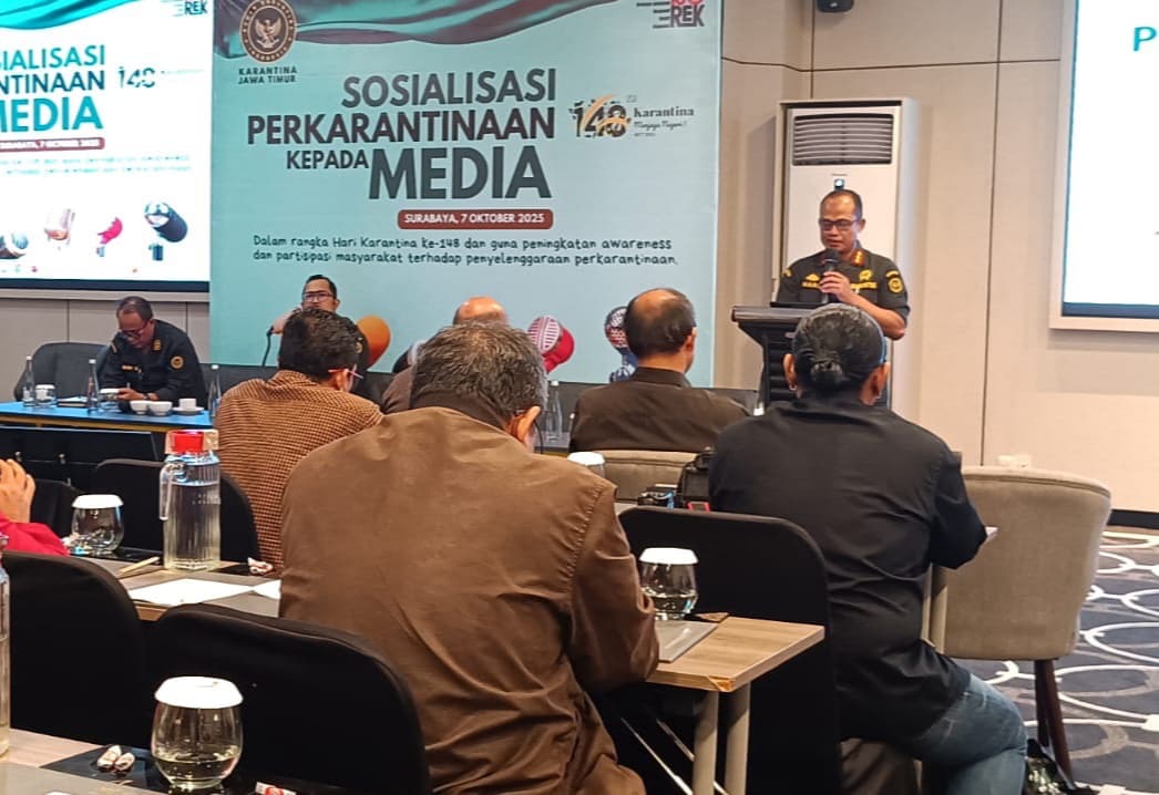 Kepala Karantina Jawa Timur, Hari Yuwono Ady saat menyampaikan sambutan dihadapan peserta sosialisasi tentang kerja Balai Karantina Indonesia wilayah Jawa Timur