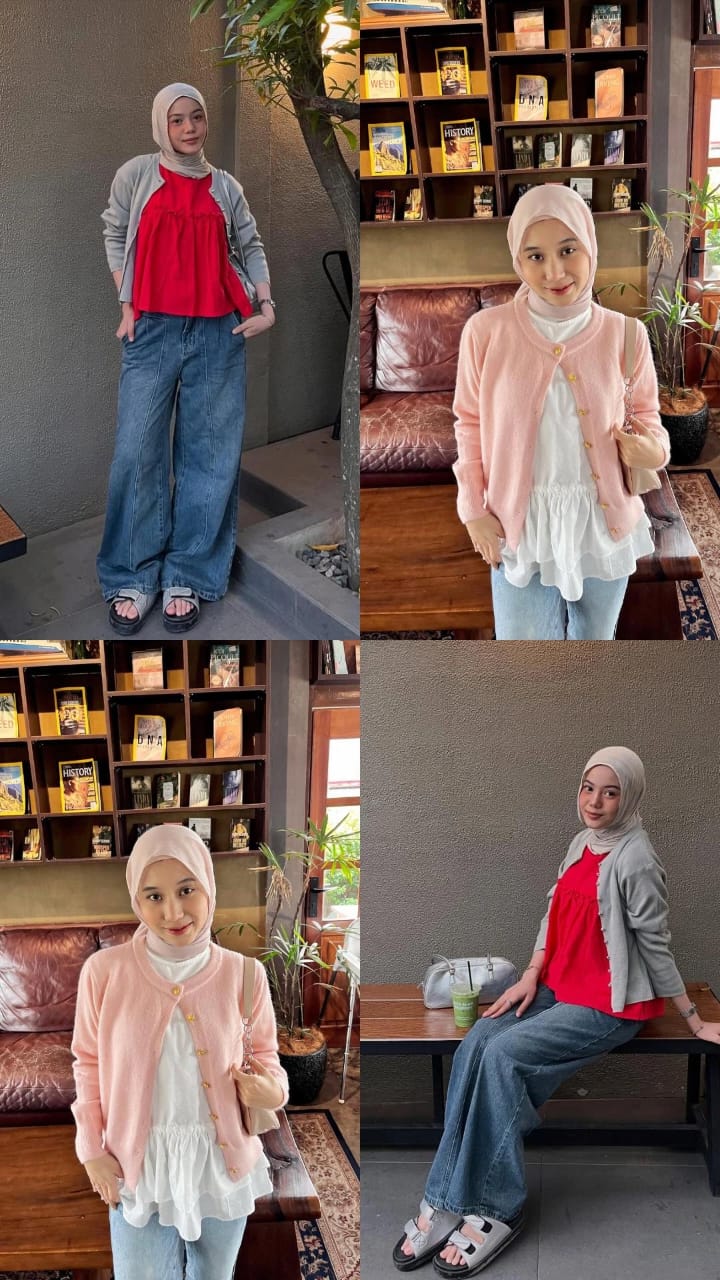 Mix and match inner blouse dengan cardigan.