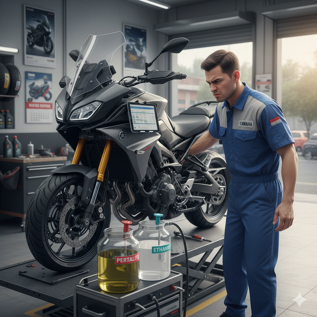 Sepeda motor sedang diservis di bengkel. AI