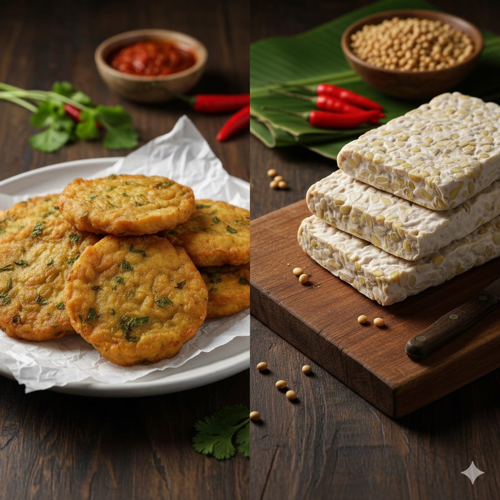 Tempe goreng dan mentah. &nbsp;