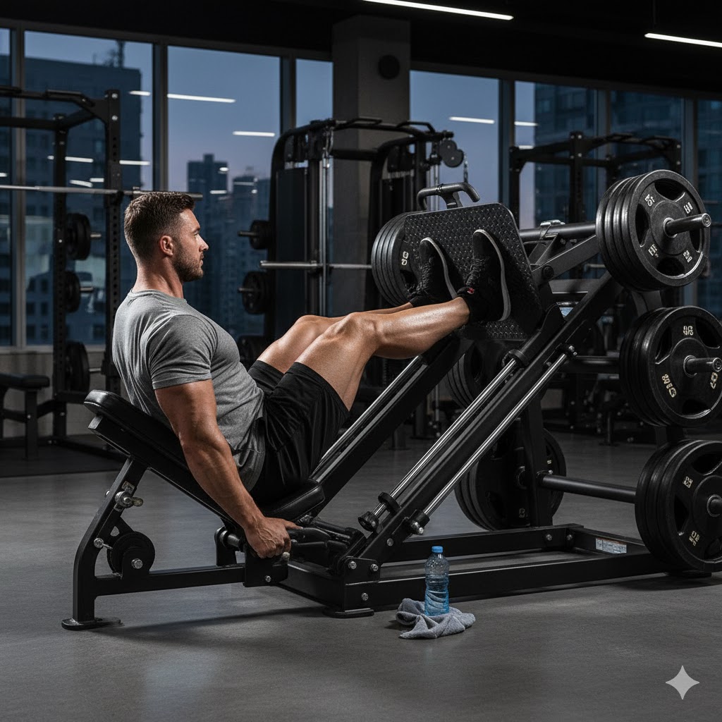 Ilustrasi latihan kekuatan otot kaki di tempat gym.