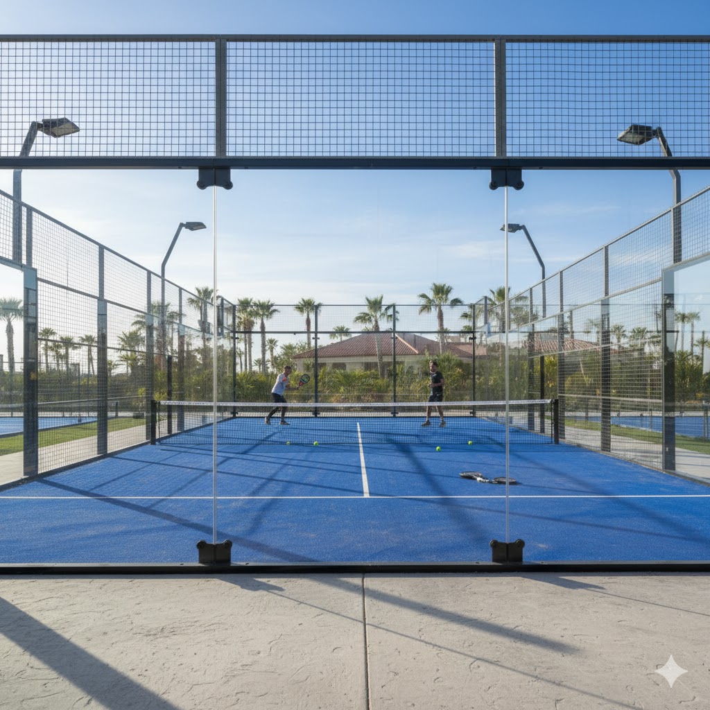 Keseluruhan lapangan padel.  &nbsp;