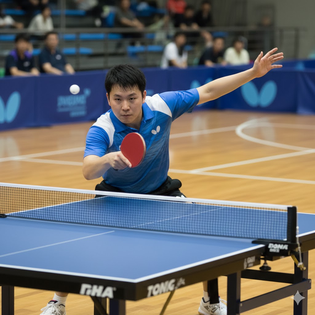 Ilustrasi seseorang sedang melakukan servis dalam tenis meja.