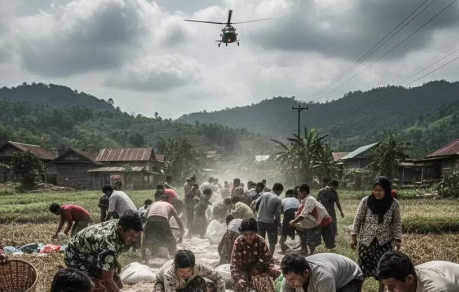 Warga Tapanuli Utara memunguti beras berserakan setelah bantuan udara dijatuhkan dari helikopter ilustrasi kegagalan distribusi logistik darurat. (Generate/Pojoksatu.id)