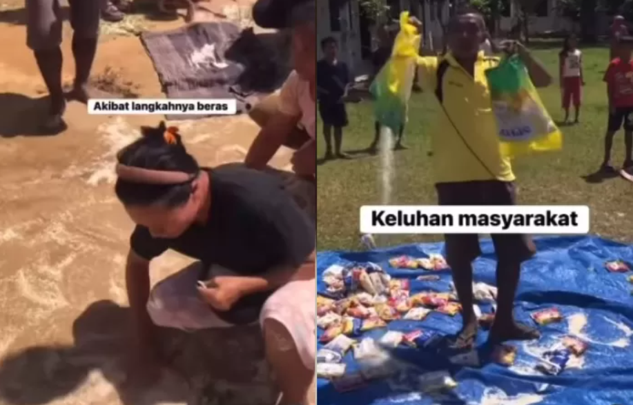 Warga korban banjir di Tapanuli Tengah punguti beras yang berceceran lantaran kemasan pecah saat dijatuhkan dari helikopter TNI. (Instagram @bkmedan_)