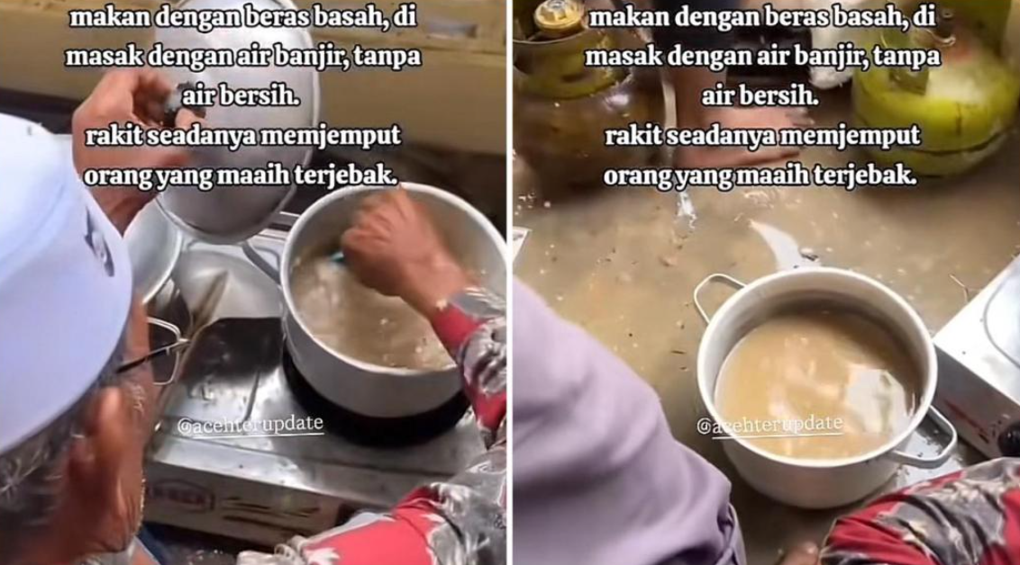 Viral di TikTok video warga Aceh terpaksa masak nasi dengan air banjir. (Foto: TikTok)