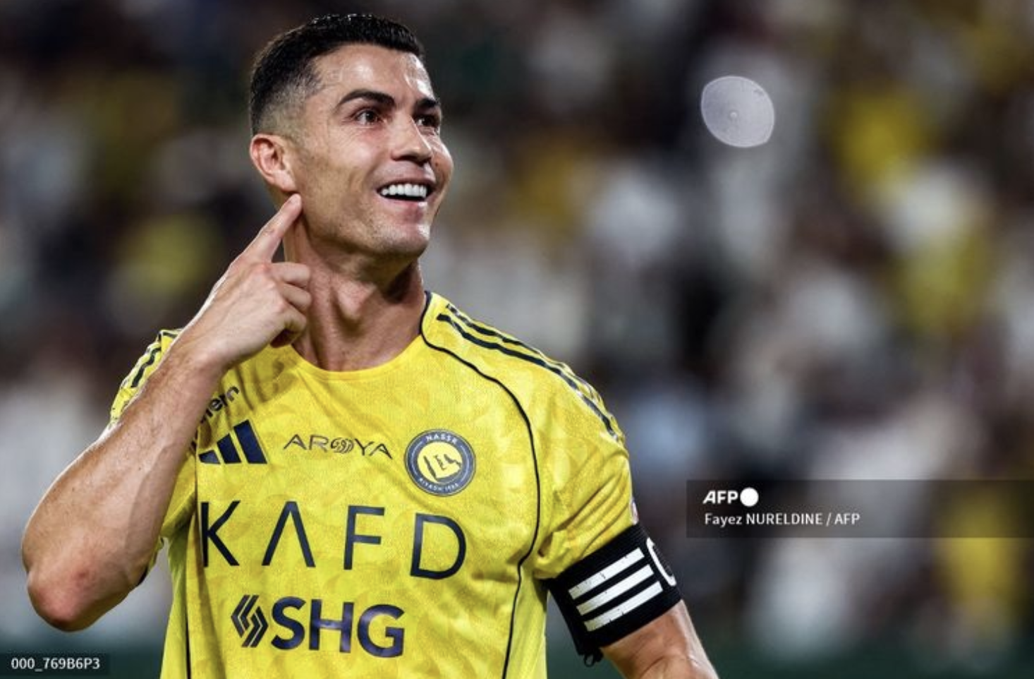 Cristiano Ronaldo merayakan gol dalam pertandingan sepak bola Liga Arab Saudi antara Al Nassr vs Al Riyadh SC di Al Awwal Park di Riyadh pada 20 September 2025. (Foto oleh Fayez NURELDINE / AFP)(AFP)