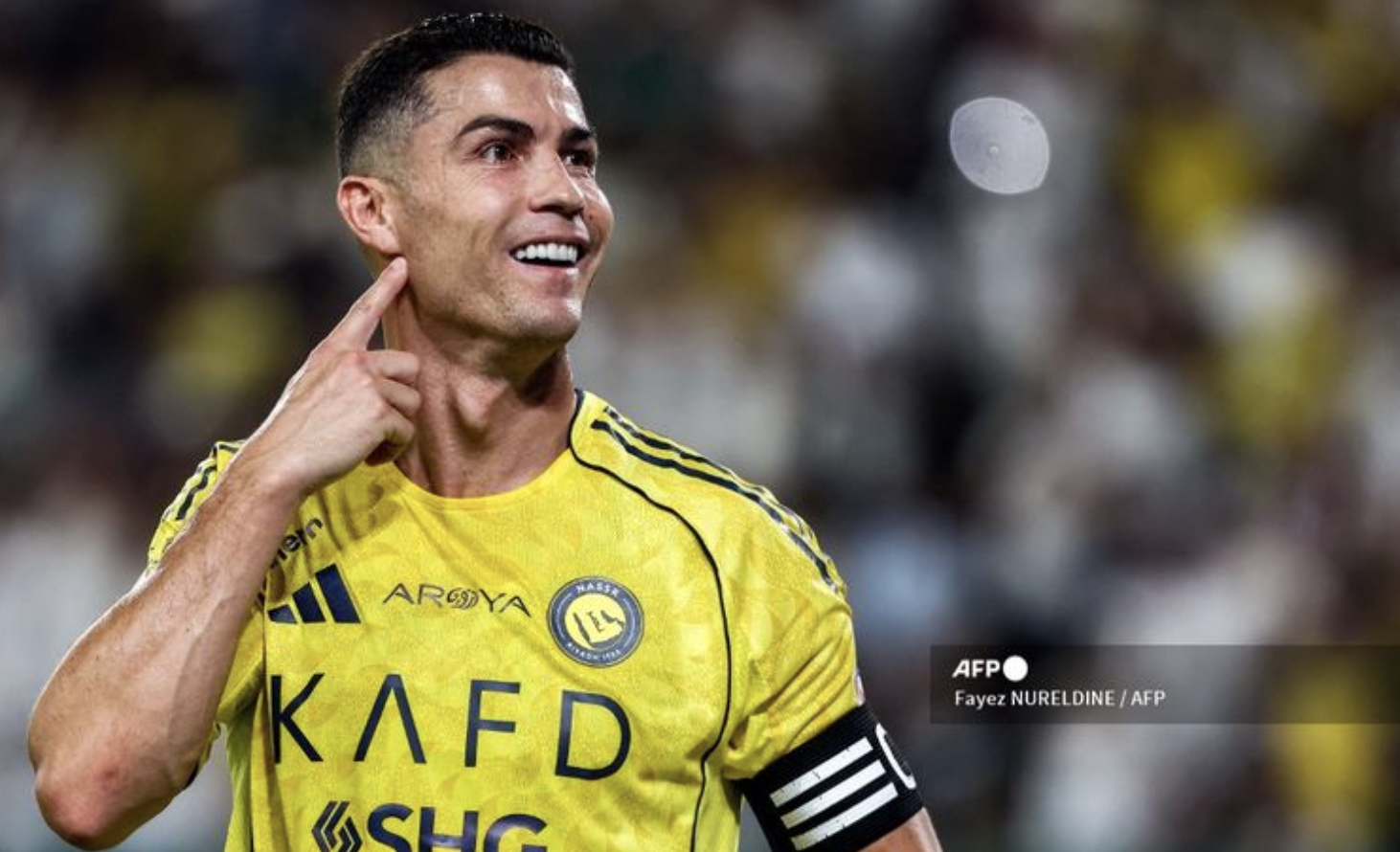 Cristiano Ronaldo merayakan gol dalam pertandingan sepak bola Liga Arab Saudi antara Al Nassr vs Al Riyadh SC di Al Awwal Park di Riyadh pada 20 September 2025. (Foto: Fayez NURELDINE / AFP)