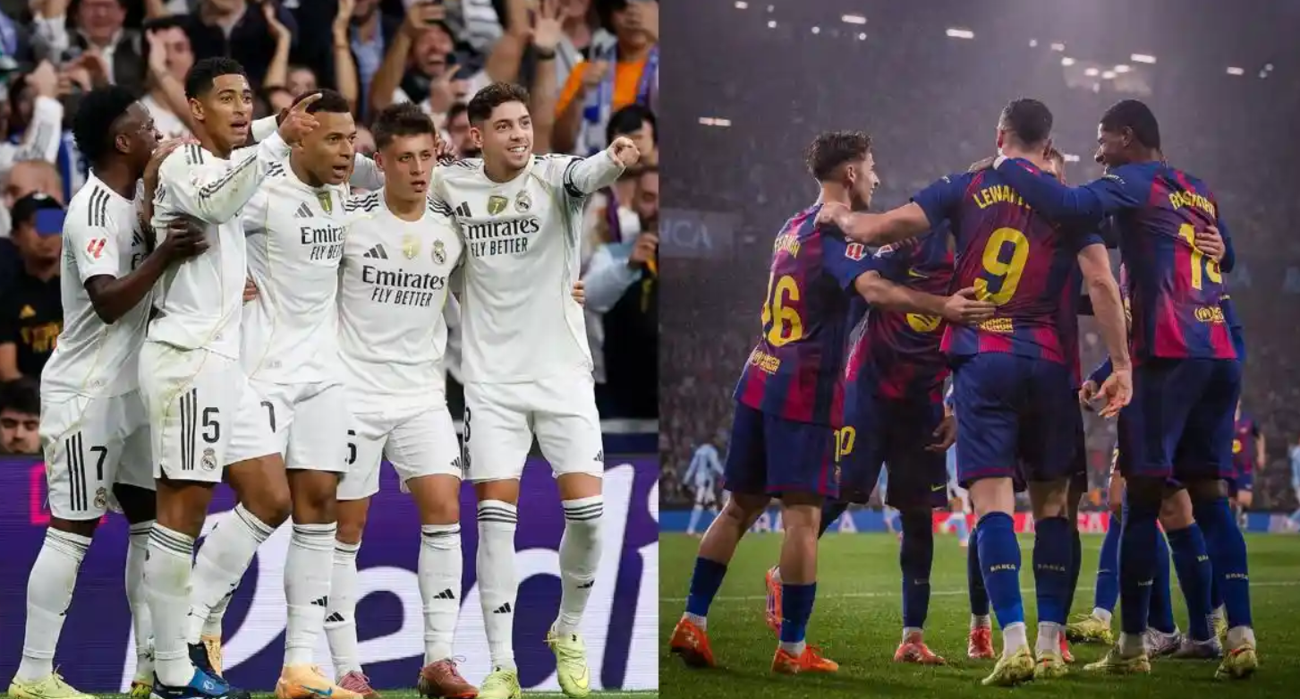 Foto skuad Real Madrid (kiri) dan Barcelona (kanan). Keduanya akan bertanding Piala Super Spanyol, Senin (12/01/2026).
