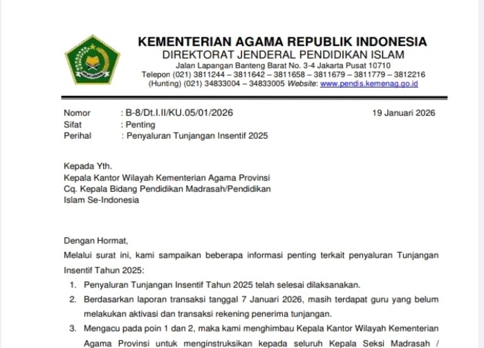 Surat edaran kemenag soal penyaluran tunjangan insentif 2025.