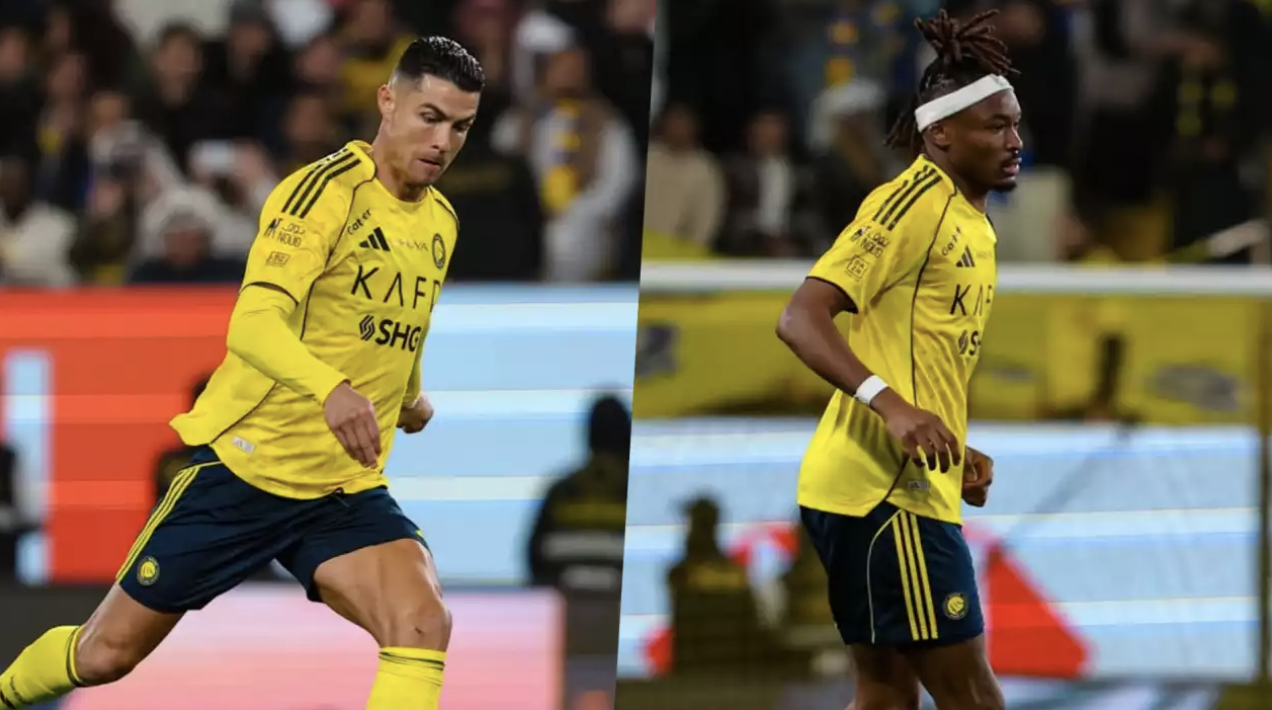 Cristiano Ronaldo dan Mohamed Simakan dalam pertandingan Al Nassr vs Al Taawon, Selasa (27/1/2026)