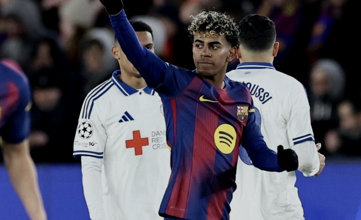 Penyerang Barcelona, Lamine Yamal, merayakan gol ke gawang FC Copenhagen. Hasil Liga Champions Barcelona vs FC Copenhagen bergulir di Stadion Camp Nou pada Rabu (28/1/2026).(AFP/JOSEP LAGO)