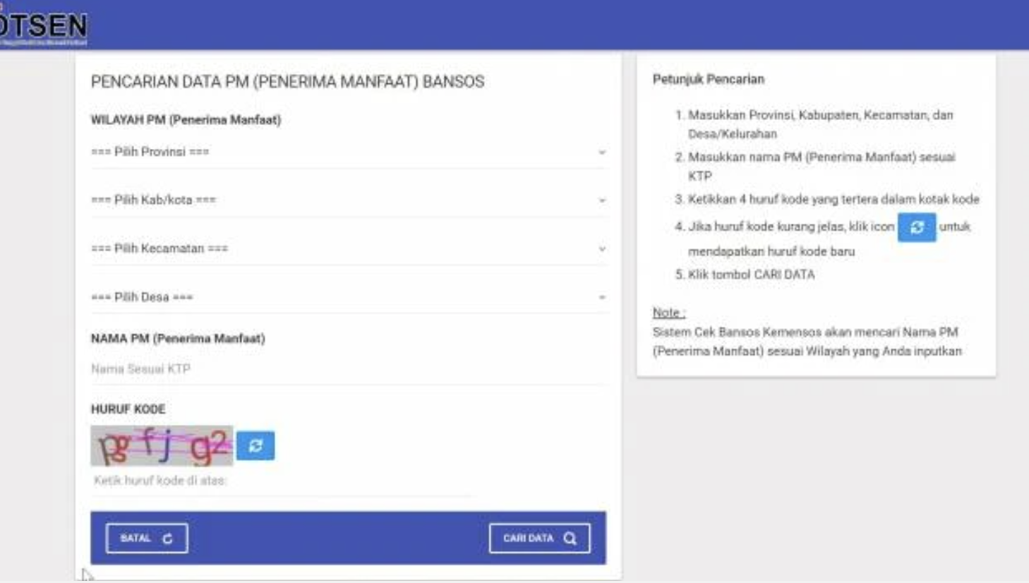 Laman Cek Bansos Kemensos saat ini menampilkan penelusuran menggunakan Data Tunggal Sosial dan Ekonomi Nasional (DTSEN). (Sumber: Kemensos)