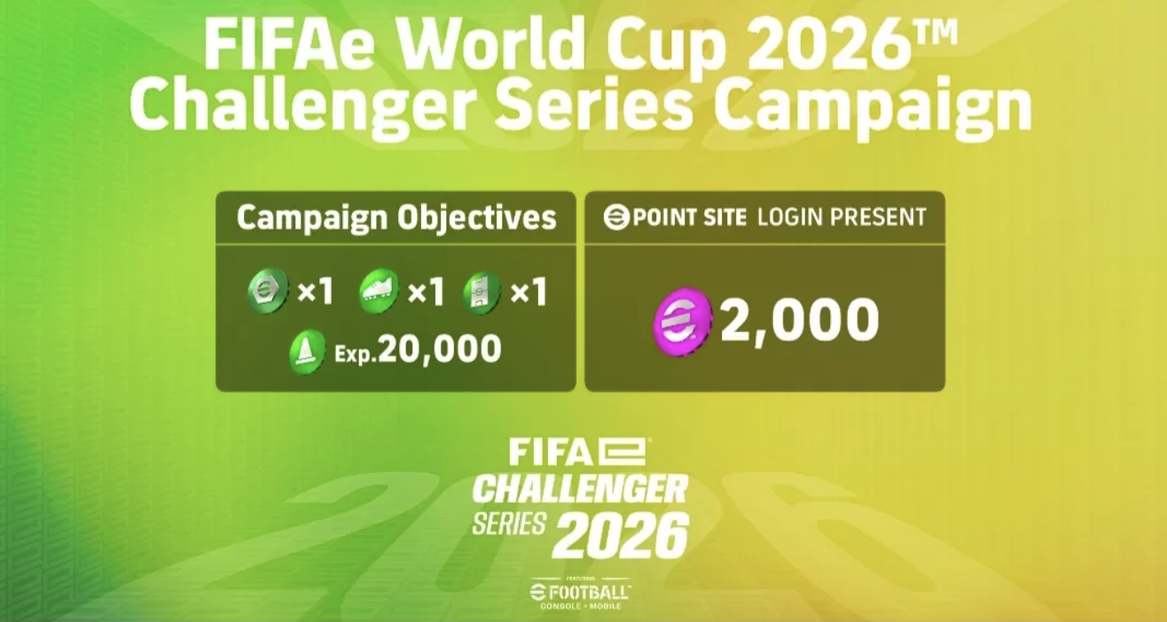 Event FIFAe World Cup 2026 Challenger Series resmi hadir di eFootball, dengan hadiah token penting dan bonus 2.000 Poin eFootball gratis. (KONAMI)