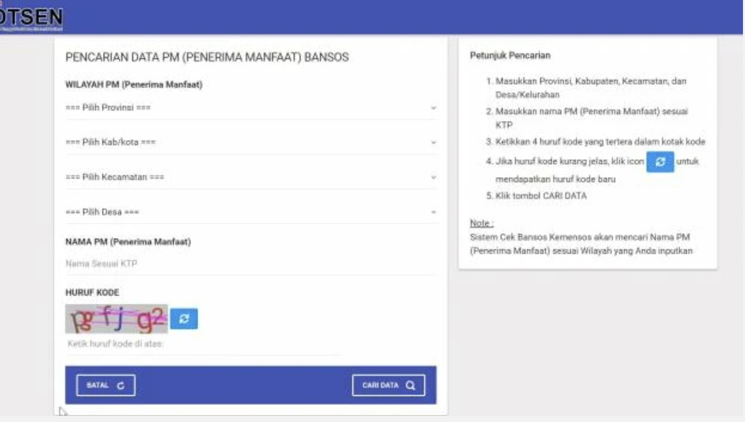 Laman Cek Bansos Kemensos saat ini menampilkan penelusuran menggunakan Data Tunggal Sosial dan Ekonomi Nasional (DTSEN). (Sumber: Kemensos)