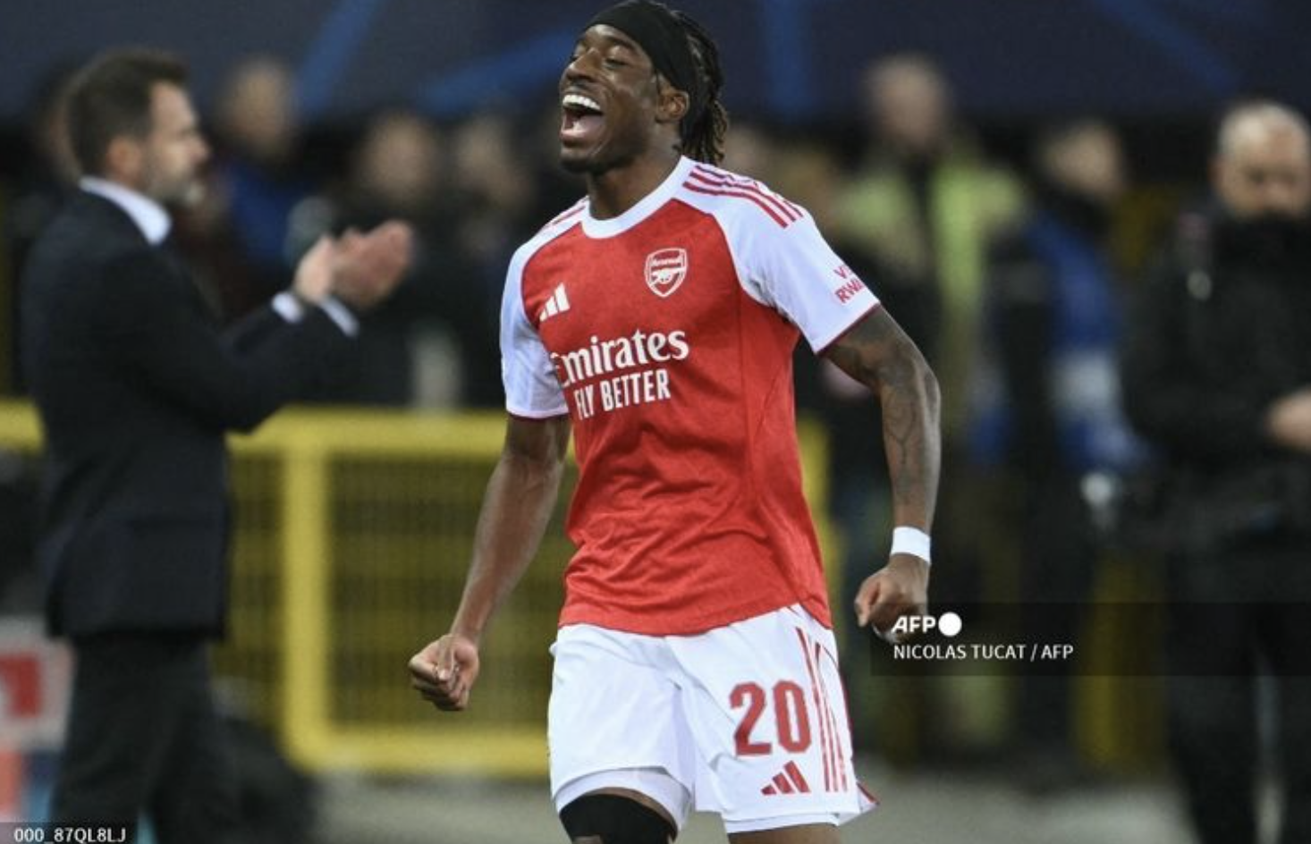 Penyerang Arsenal, Noni Madueke, merayakan gol pada pertandingan matchday 6 Liga Champions 2025-2026 Club Brugge vs Arsenal di Jan Breydelstadion, Bruges, pada Rabu (10/12/2025). (NICOLAS TUCAT)