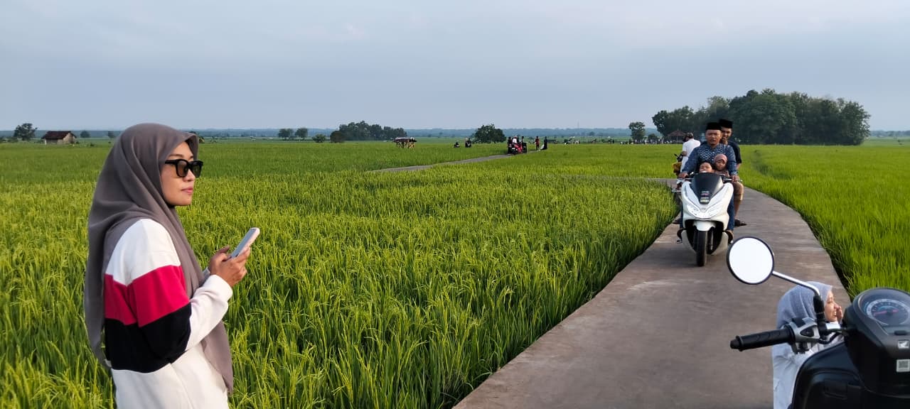 SEJUK: Pengunjung menikmati suasana sore di hamparan sawah di Desa Beraji, Kecamatan Gapura, yang viral di media sosial. HERVIYA YUVI/JPRM