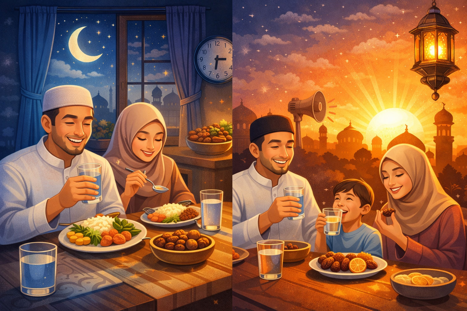Ilustrasi sahur dan buka puasa. Sumber foto: AI
