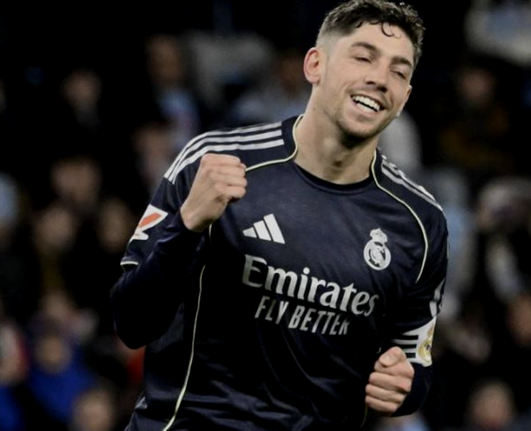 Gelandang Real Madrid, Federico Valverde, merayakan gol kedua timnya pada laga Liga Spanyol antara Celta Vigo dan Real Madrid CF di Stadion Balaidos di Vigo pada 6 Maret 2026.(AFP/MIGUEL RIOPA)