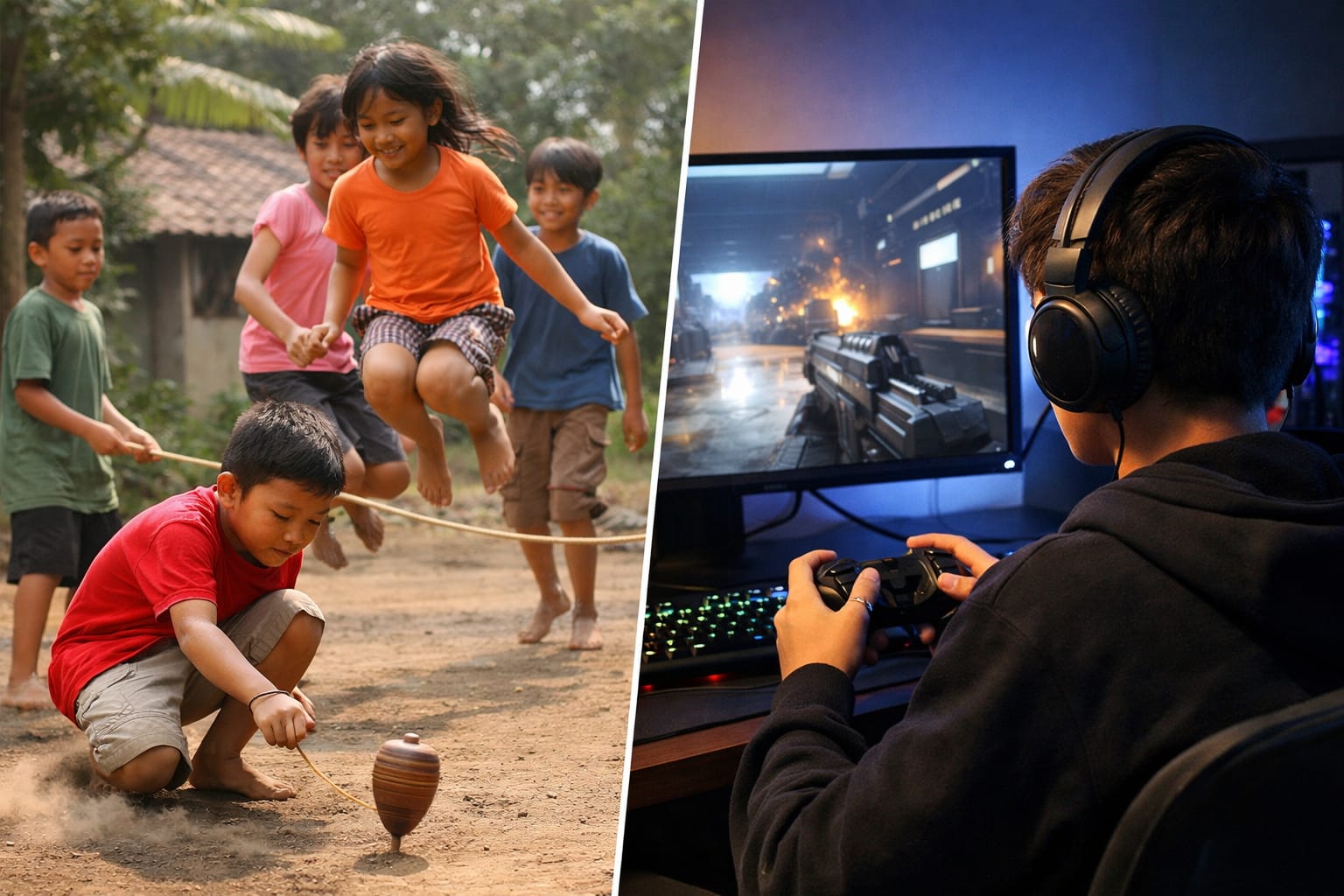 Permainan tradisional vs digital. Sumber Foto: AI 