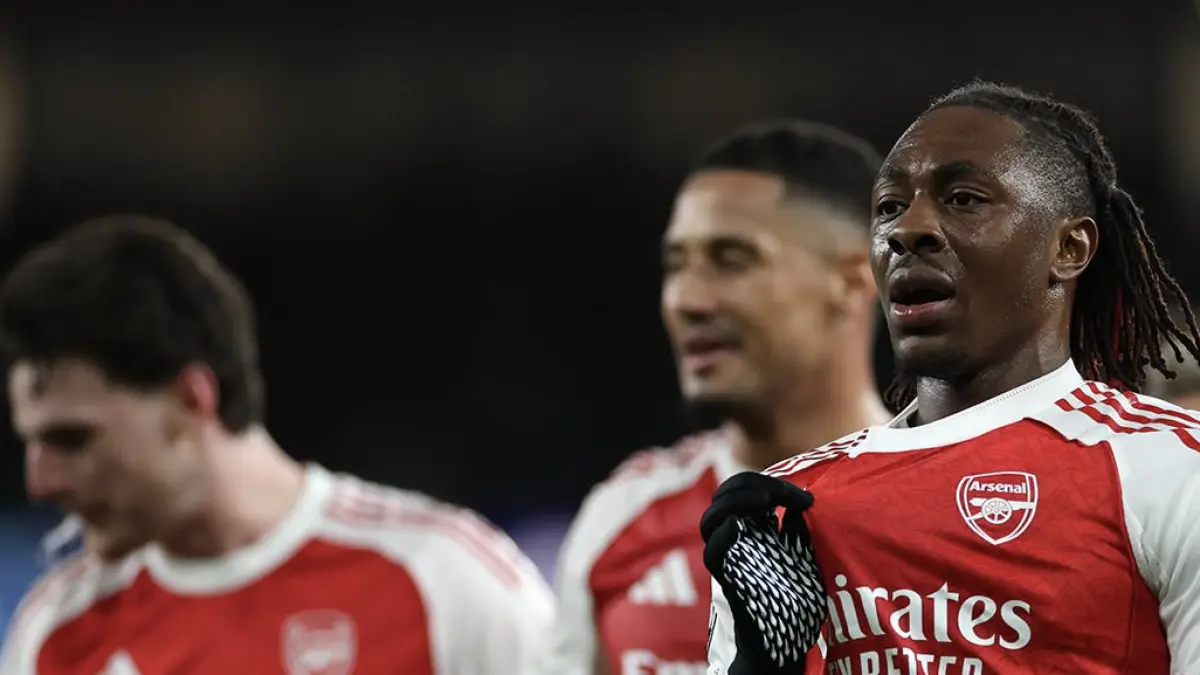 Selebrasi gol Eberechi Eze dalam laga leg kedua babak 16 besar Liga Champions antara Arsenal vs Leverkusen
di Emirates Stadium, 18 Maret 2026. (AP Photo/lan Walton)