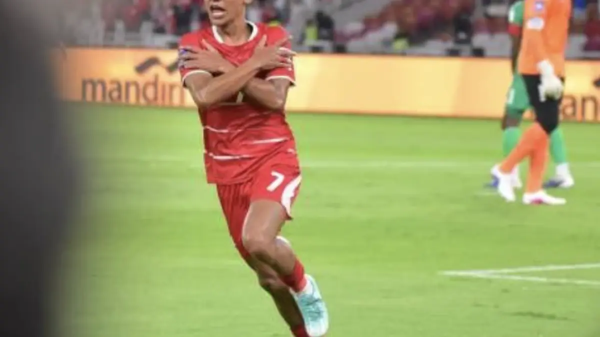 Beckham Putra saat melakukan selebrasi usai mencetak gol pertama dalam laga FIFA Series Indonesia vs Saint Kitts and Nevis di Stadion Gelora
Bung Karno, Jumat (27/3/2026). (Sumber: Kompas.tv/Rizkyadesaputro).