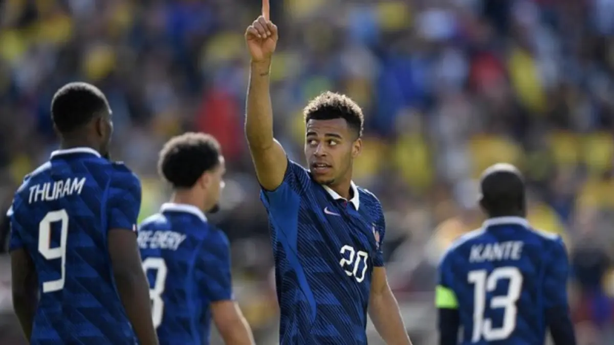 Desire Doue merayakan golnya ke gawang Kolombia. Foto: Getty Images/Hannah Foslien