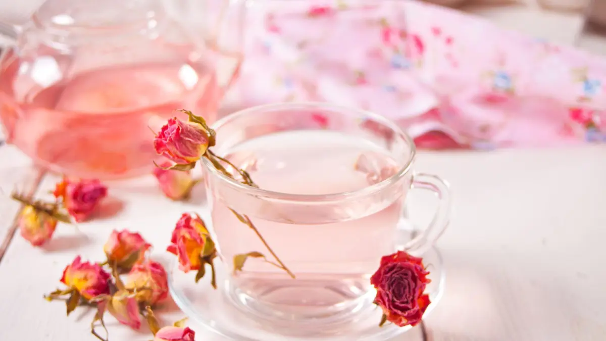 Cup of roses tea. Healthy herbal detox tea.