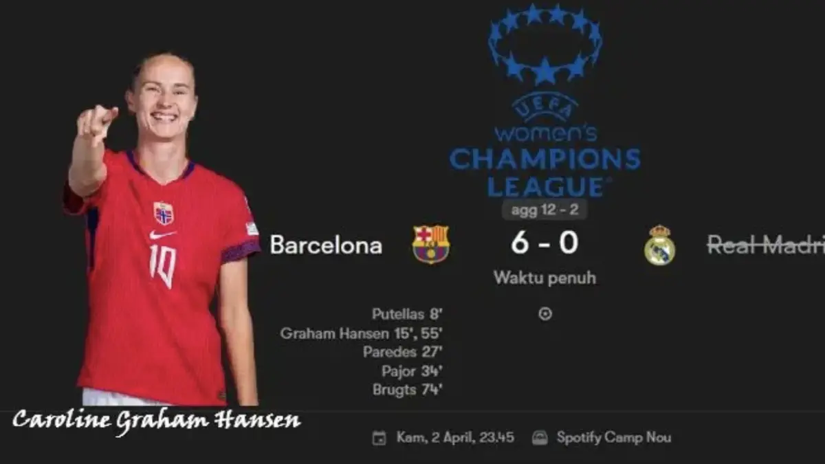 Ilustrasi, Barcelona Femeni Hancurkan Real Madrid 6-0, Pesta Gol di Camp Nou Antar ke Semifinal.
(foto:fotmob/uefa/mistar)